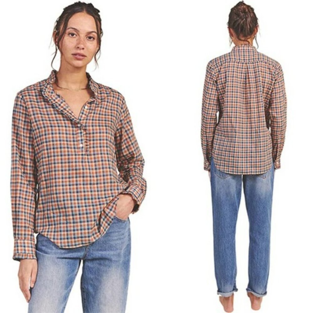 Birds of Paradis Breezy Ruffled High Neck Blouse Top Bonita Plaid Size: L NWT